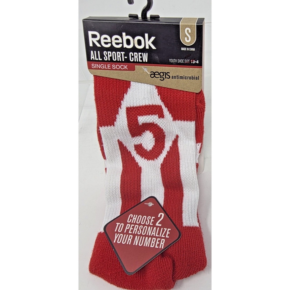 Reebok All Sport Crew SINGLE Sock Youth Small Red White #5 Aegis Antimicrobial